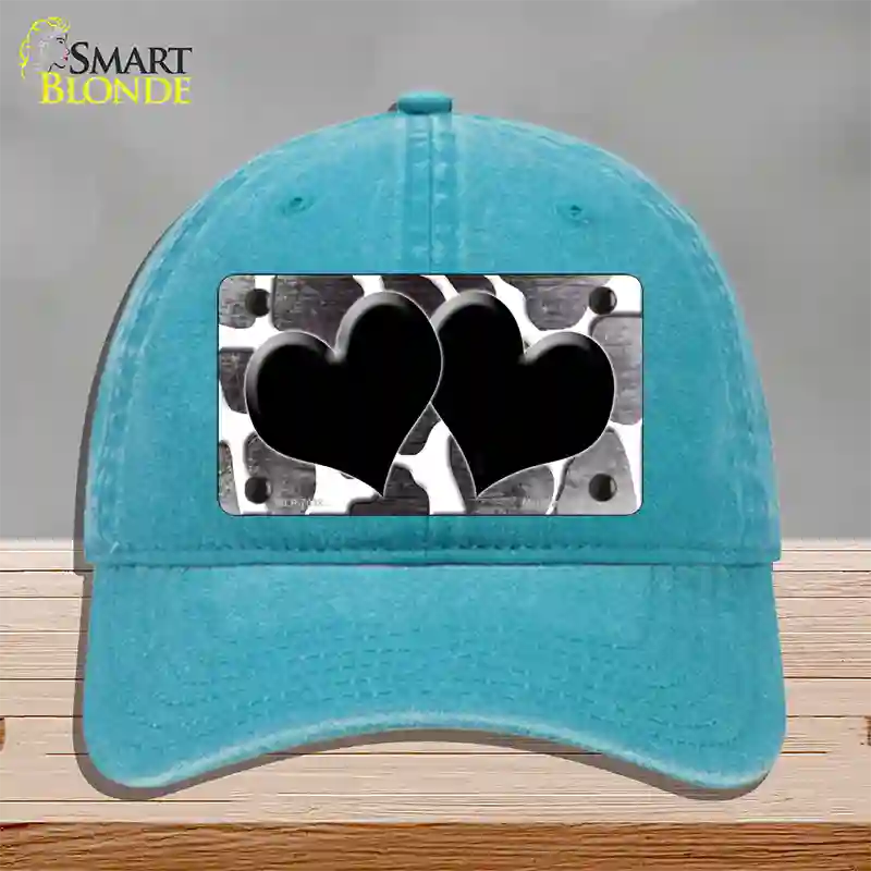 Black White Hearts Giraffe Oil Rubbed Novelty License Plate Hat Unconstructed Cotton / Lake Blue