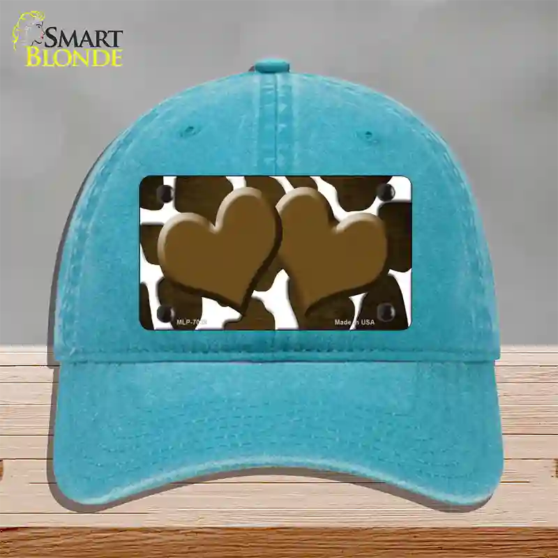 Brown White Hearts Giraffe Oil Rubbed Novelty License Plate Hat Unconstructed Cotton / Lake Blue