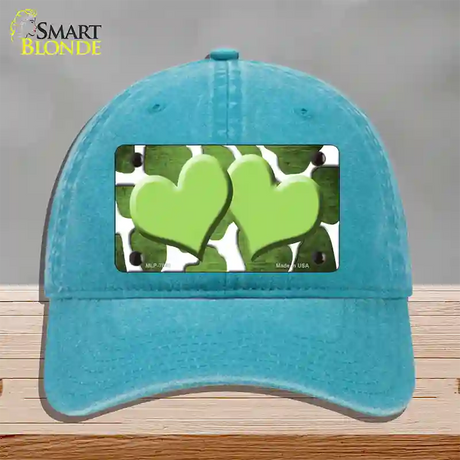 Lime Green White Hearts Giraffe Oil Rubbed Novelty License Plate Hat Unconstructed Cotton / Lake Blue