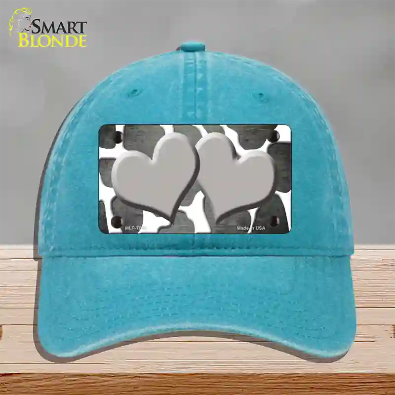 Gray White Hearts Giraffe Oil Rubbed Novelty License Plate Hat Unconstructed Cotton / Lake Blue