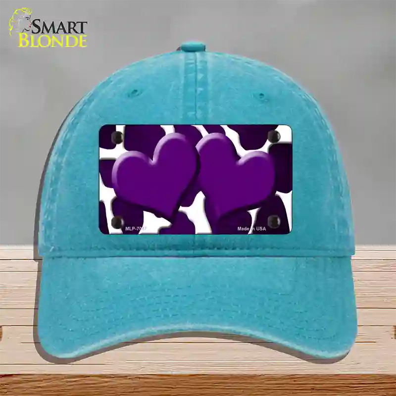 Purple White Hearts Giraffe Oil Rubbed Novelty License Plate Hat Unconstructed Cotton / Lake Blue