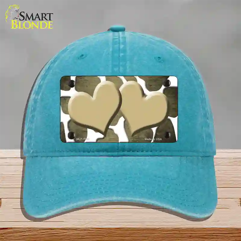 Gold White Hearts Giraffe Oil Rubbed Novelty License Plate Hat Unconstructed Cotton / Lake Blue