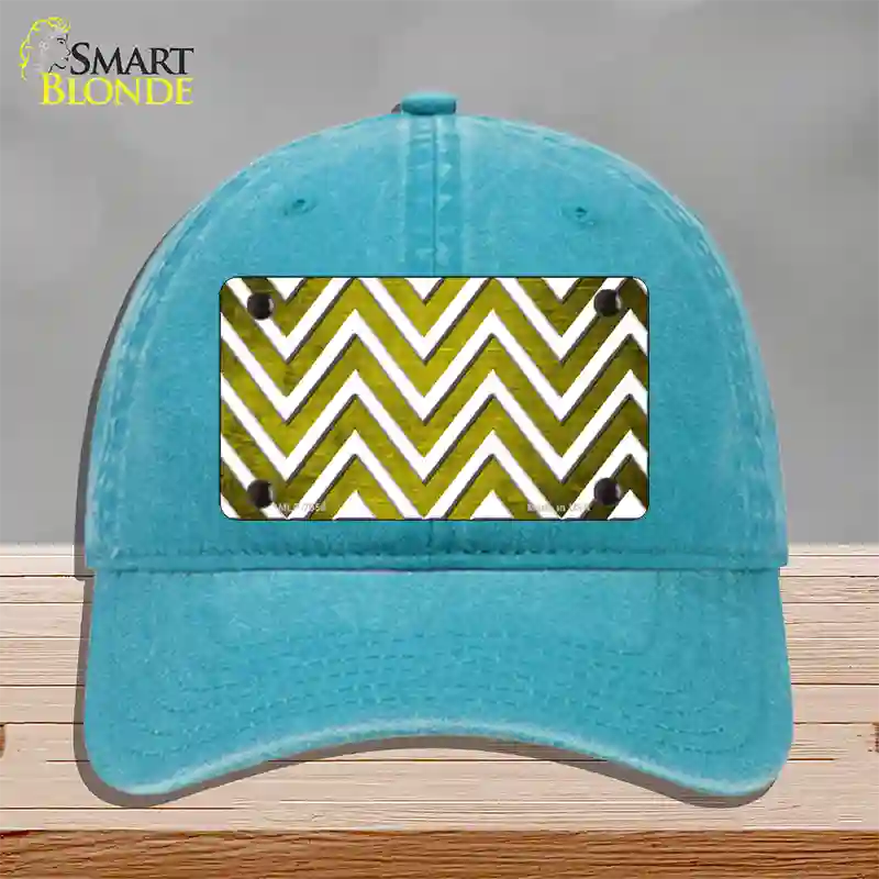 Yellow White Chevron Oil Rubbed Novelty License Plate Hat Unconstructed Cotton / Lake Blue