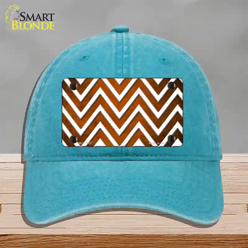 Orange White Chevron Oil Rubbed Novelty License Plate Hat Unconstructed Cotton / Lake Blue