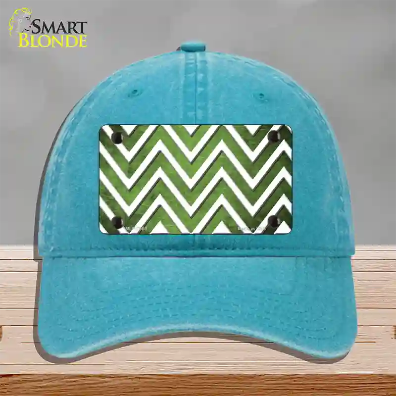 Lime Green White Chevron Oil Rubbed Novelty License Plate Hat Unconstructed Cotton / Lake Blue