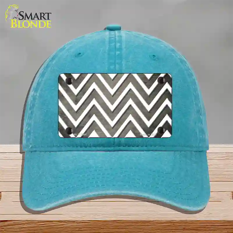 Tan White Chevron Oil Rubbed Novelty License Plate Hat Unconstructed Cotton / Lake Blue