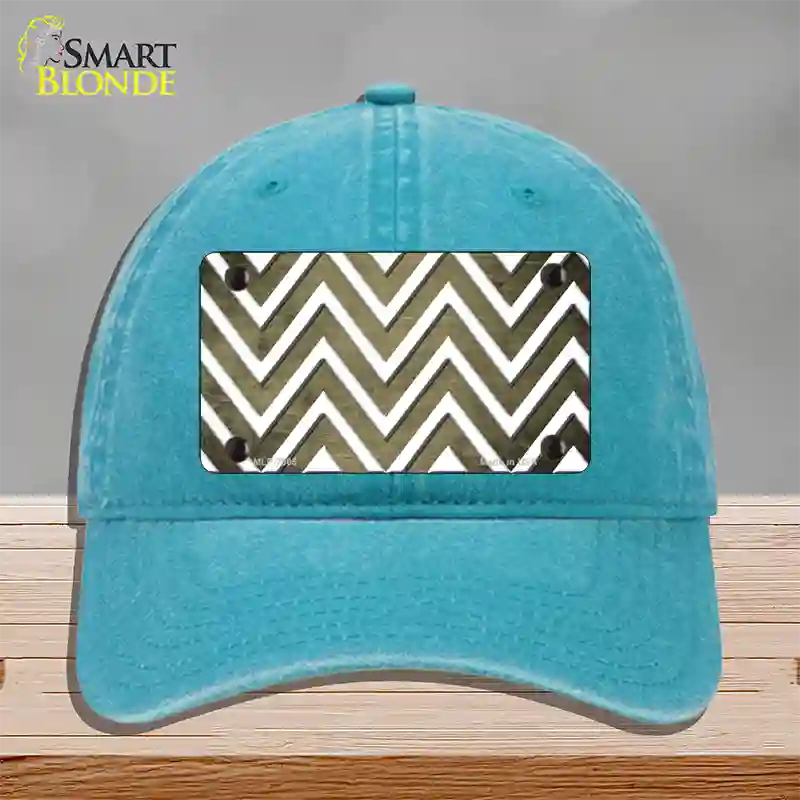 Gold White Chevron Oil Rubbed Novelty License Plate Hat Unconstructed Cotton / Lake Blue