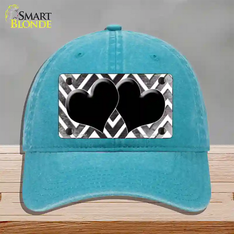 Black White Hearts Chevron Oil Rubbed Novelty License Plate Hat Unconstructed Cotton / Lake Blue