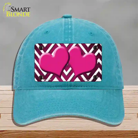 Pink White Hearts Chevron Oil Rubbed Novelty License Plate Hat Unconstructed Cotton / Lake Blue