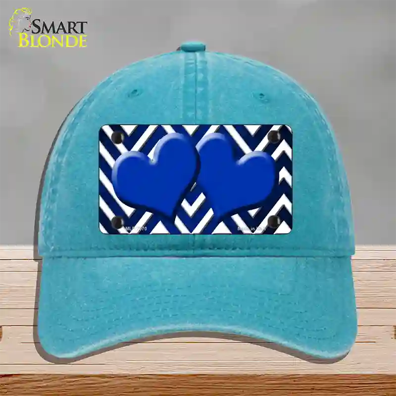 Blue White Hearts Chevron Oil Rubbed Novelty License Plate Hat Unconstructed Cotton / Lake Blue