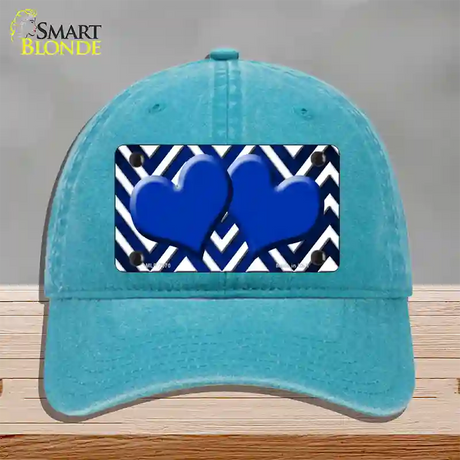 Blue White Hearts Chevron Oil Rubbed Novelty License Plate Hat Unconstructed Cotton / Lake Blue