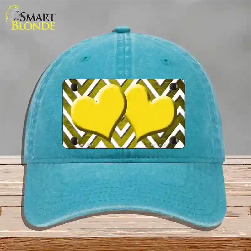 Yellow White Hearts Chevron Oil Rubbed Novelty License Plate Hat Unconstructed Cotton / Lake Blue