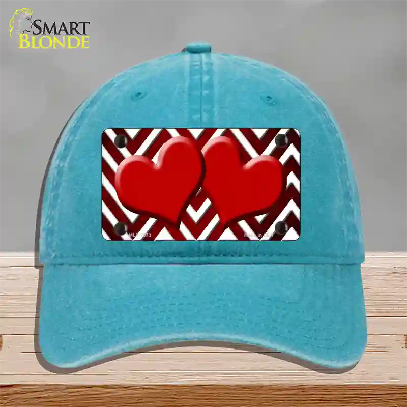 Red White Hearts Chevron Oil Rubbed Novelty License Plate Hat Unconstructed Cotton / Lake Blue