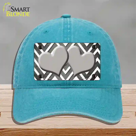 Gray White Hearts Chevron Oil Rubbed Novelty License Plate Hat Unconstructed Cotton / Lake Blue