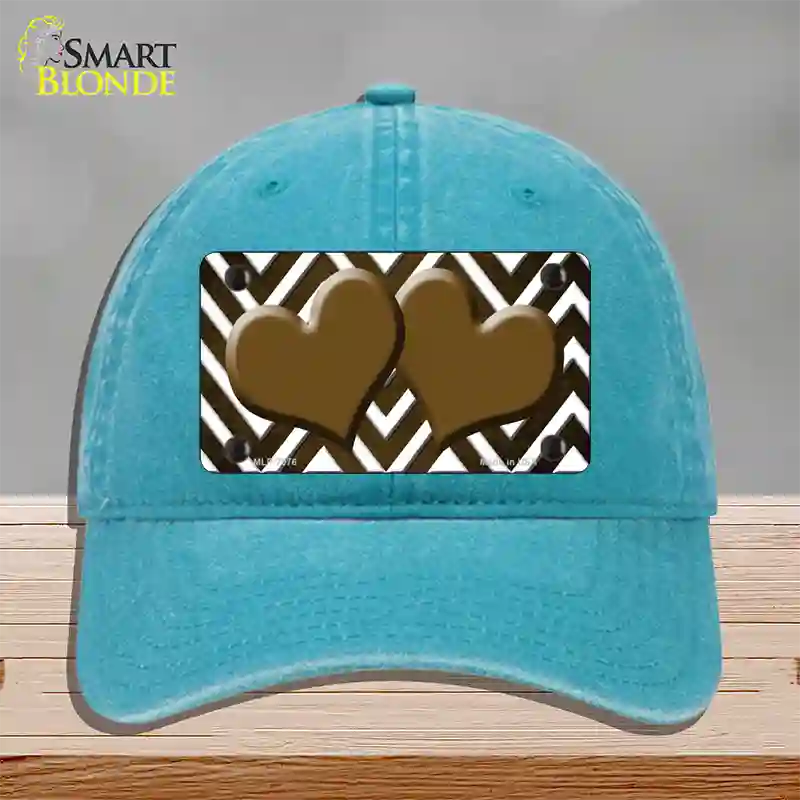 Brown White Hearts Chevron Oil Rubbed Novelty License Plate Hat Unconstructed Cotton / Lake Blue