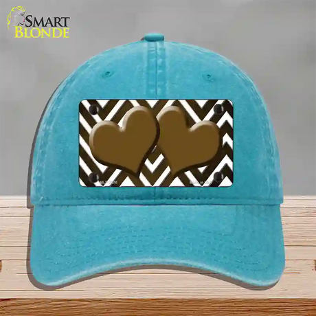 Brown White Hearts Chevron Oil Rubbed Novelty License Plate Hat Unconstructed Cotton / Lake Blue