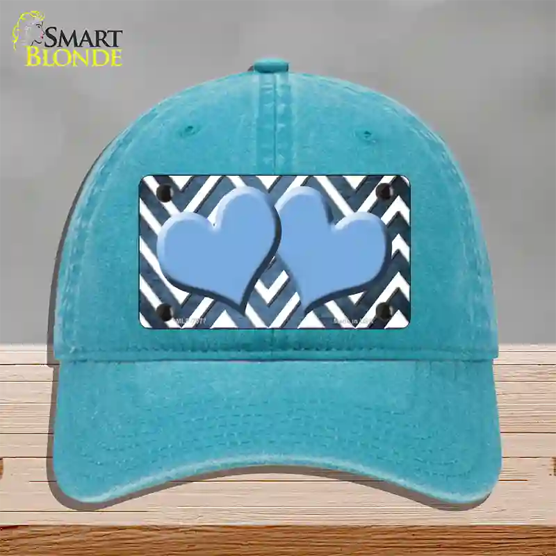 Light Blue White Hearts Chevron Oil Rubbed Novelty License Plate Hat Unconstructed Cotton / Lake Blue