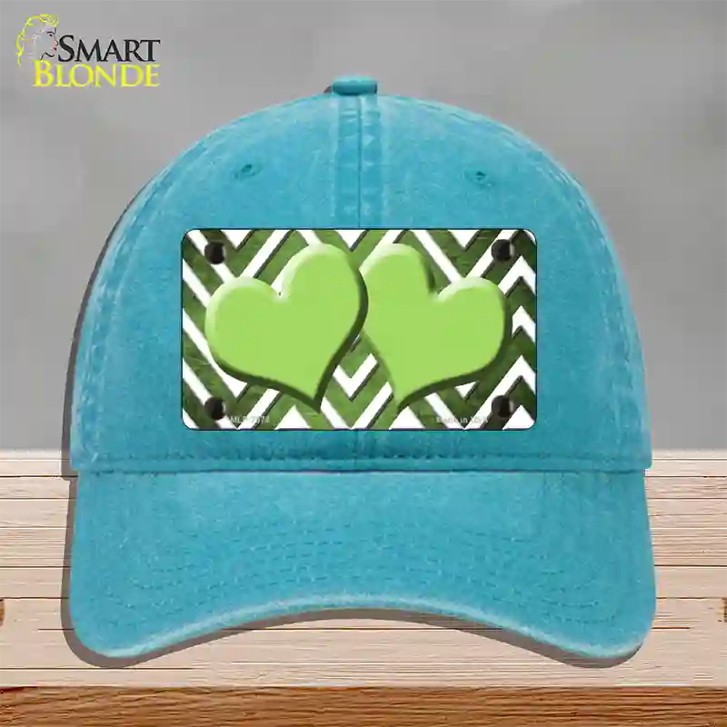 Lime Green White Hearts Chevron Oil Rubbed Novelty License Plate Hat Unconstructed Cotton / Lake Blue