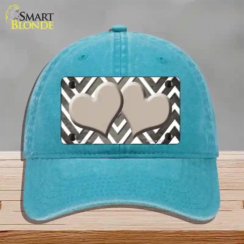 Tan White Hearts Chevron Oil Rubbed Novelty License Plate Hat Unconstructed Cotton / Lake Blue