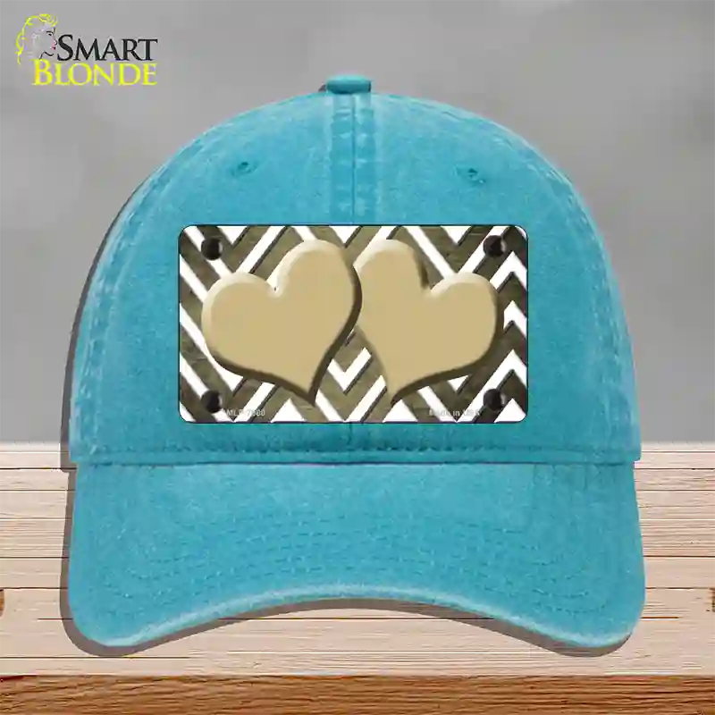 Gold White Hearts Chevron Oil Rubbed Novelty License Plate Hat Unconstructed Cotton / Lake Blue