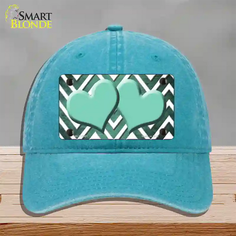 Mint White Hearts Chevron Oil Rubbed Novelty License Plate Hat Unconstructed Cotton / Lake Blue