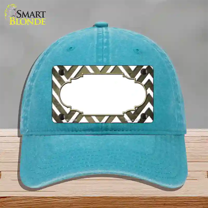 Gold White Chevron Scallop Oil Rubbed Novelty License Plate Hat Unconstructed Cotton / Lake Blue