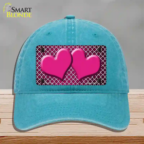 Pink White Quatrefoil Hearts Oil Rubbed Novelty License Plate Hat Unconstructed Cotton / Lake Blue