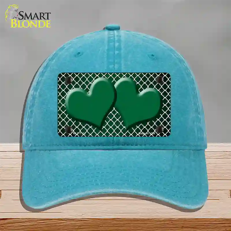 Green White Quatrefoil Hearts Oil Rubbed Novelty License Plate Hat Unconstructed Cotton / Lake Blue