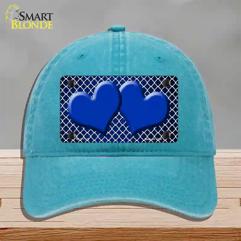 Blue White Quatrefoil Hearts Oil Rubbed Novelty License Plate Hat Unconstructed Cotton / Lake Blue