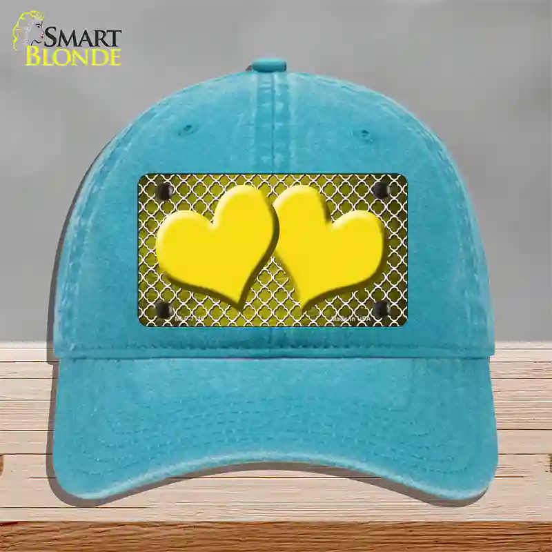 Yellow White Quatrefoil Hearts Oil Rubbed Novelty License Plate Hat Unconstructed Cotton / Lake Blue