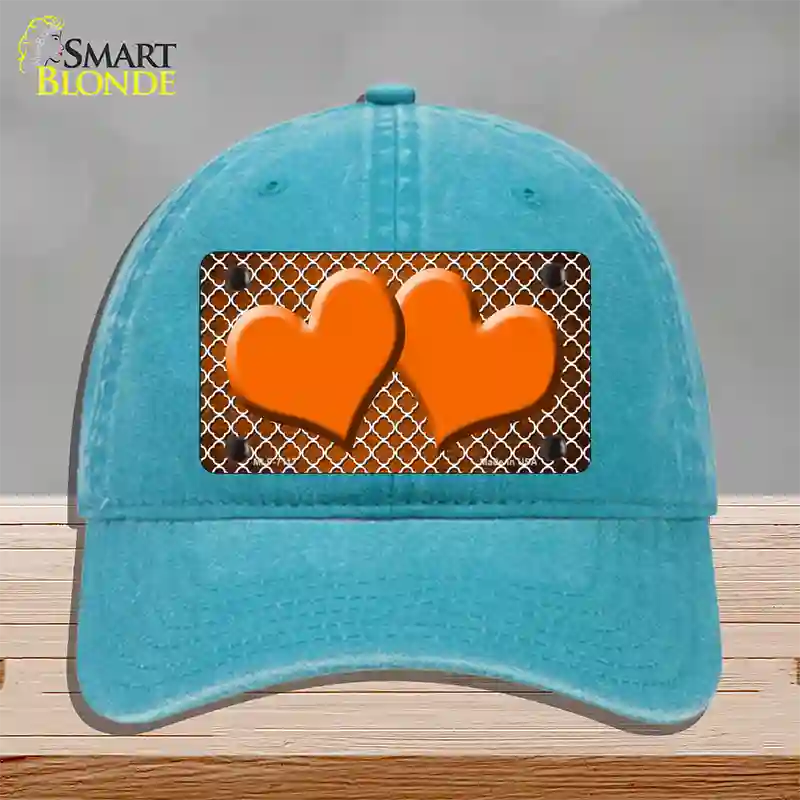 Orange White Quatrefoil Hearts Oil Rubbed Novelty License Plate Hat Unconstructed Cotton / Lake Blue