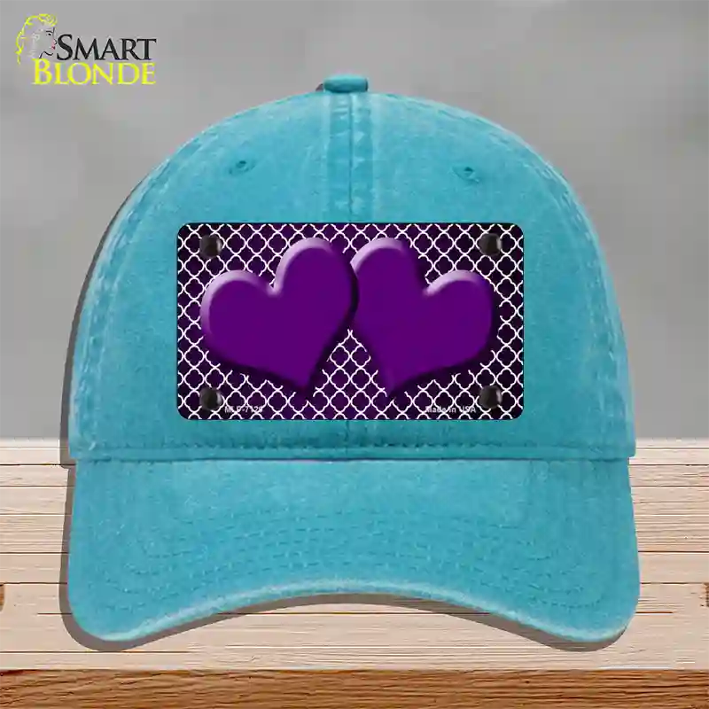 Purple White Quatrefoil Hearts Oil Rubbed Novelty License Plate Hat Unconstructed Cotton / Lake Blue