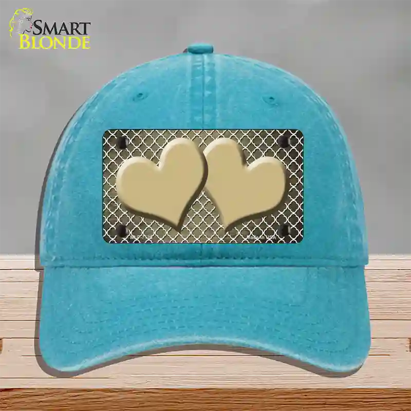 Gold White Quatrefoil Hearts Oil Rubbed Novelty License Plate Hat Unconstructed Cotton / Lake Blue