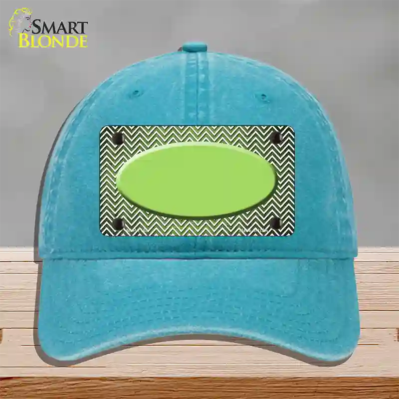 Lime Green White Small Chevron Oval Oil Rubbed Novelty License Plate Hat Unconstructed Cotton / Lake Blue