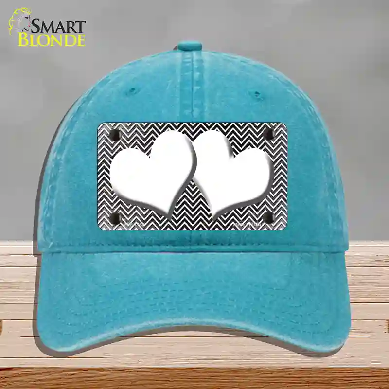 Black White Small Chevron Hearts Oil Rubbed Novelty License Plate Hat Unconstructed Cotton / Lake Blue