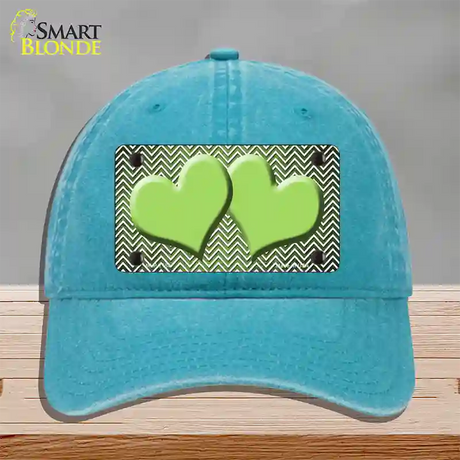 Lime Green White Small Chevron Hearts Oil Rubbed Novelty License Plate Hat Unconstructed Cotton / Lake Blue