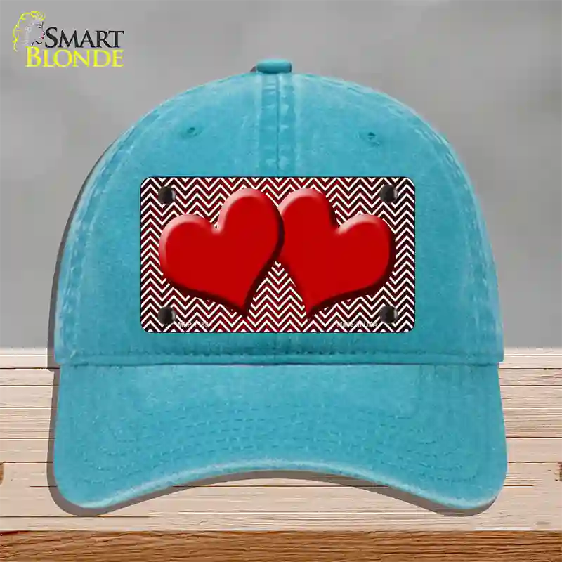 Red White Small Chevron Hearts Oil Rubbed Novelty License Plate Hat Unconstructed Cotton / Lake Blue