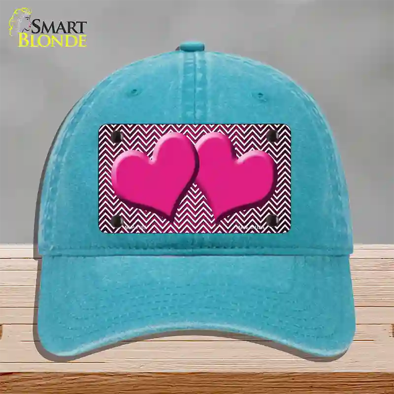 Pink White Small Chevron Hearts Oil Rubbed Novelty License Plate Hat Unconstructed Cotton / Lake Blue