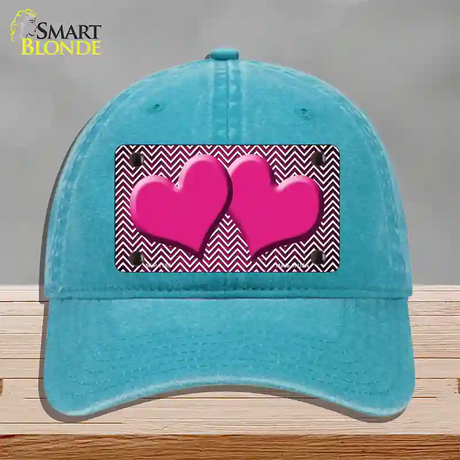 Pink White Small Chevron Hearts Oil Rubbed Novelty License Plate Hat Unconstructed Cotton / Lake Blue