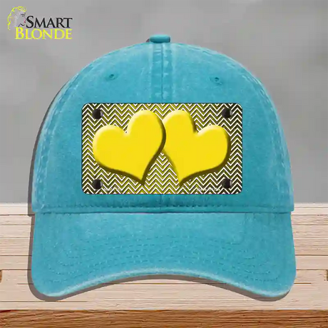 Yellow White Small Chevron Hearts Oil Rubbed Novelty License Plate Hat Unconstructed Cotton / Lake Blue