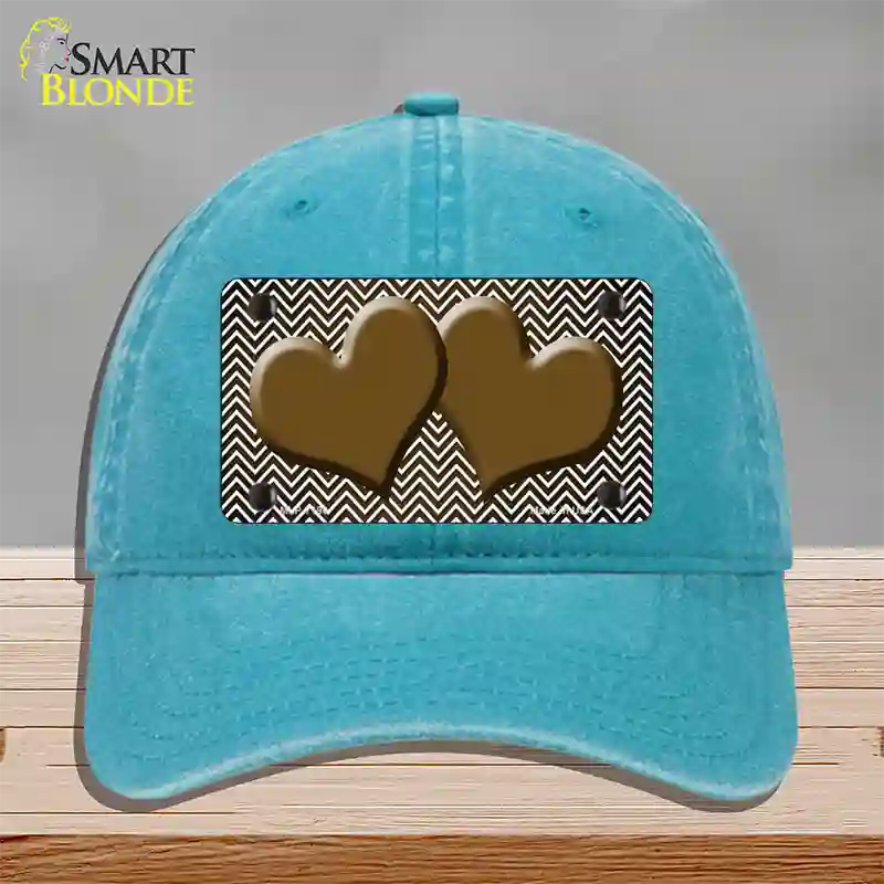 Brown White Small Chevron Hearts Oil Rubbed Novelty License Plate Hat Unconstructed Cotton / Lake Blue