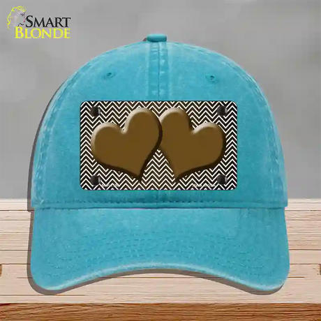 Brown White Small Chevron Hearts Oil Rubbed Novelty License Plate Hat Unconstructed Cotton / Lake Blue