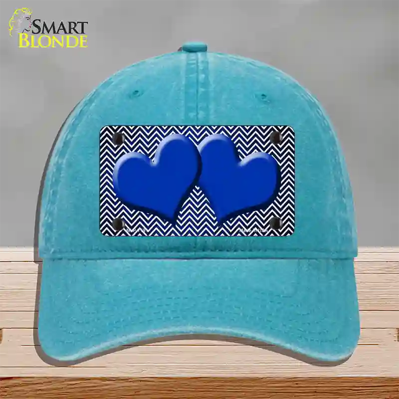 Blue White Small Chevron Hearts Oil Rubbed Novelty License Plate Hat Unconstructed Cotton / Lake Blue