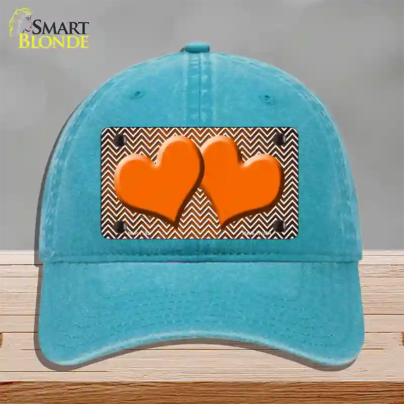 Orange White Small Chevron Hearts Oil Rubbed Novelty License Plate Hat Unconstructed Cotton / Lake Blue