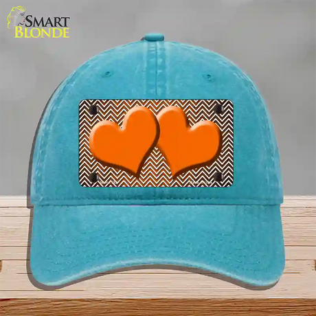 Orange White Small Chevron Hearts Oil Rubbed Novelty License Plate Hat Unconstructed Cotton / Lake Blue