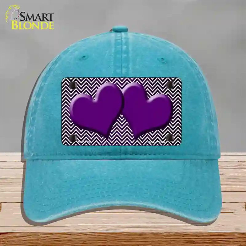 Purple White Small Chevron Hearts Oil Rubbed Novelty License Plate Hat Unconstructed Cotton / Lake Blue