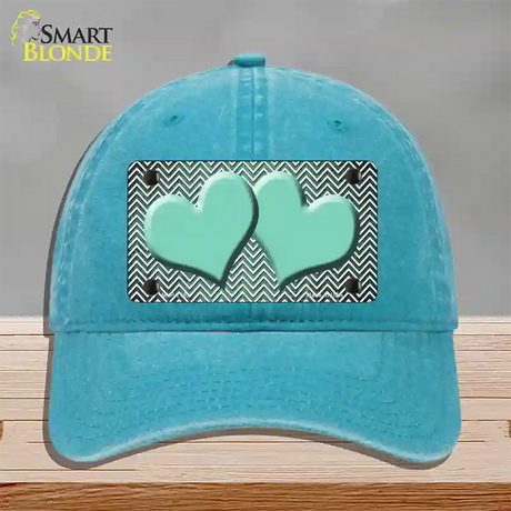 Mint White Small Chevron Hearts Oil Rubbed Novelty License Plate Hat Unconstructed Cotton / Lake Blue