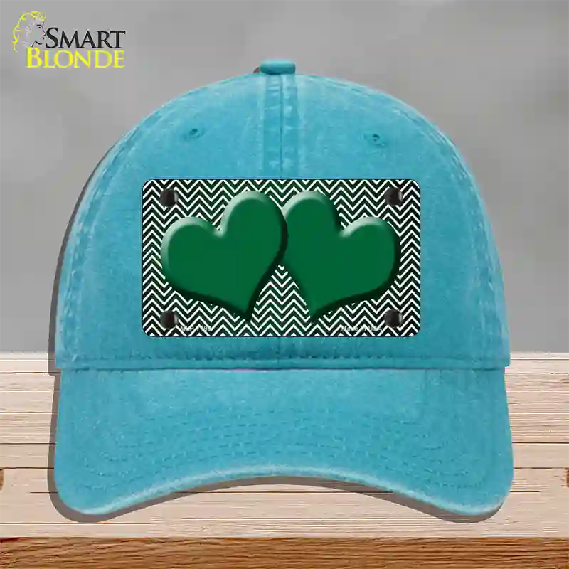 Green White Small Chevron Hearts Oil Rubbed Novelty License Plate Hat Unconstructed Cotton / Lake Blue