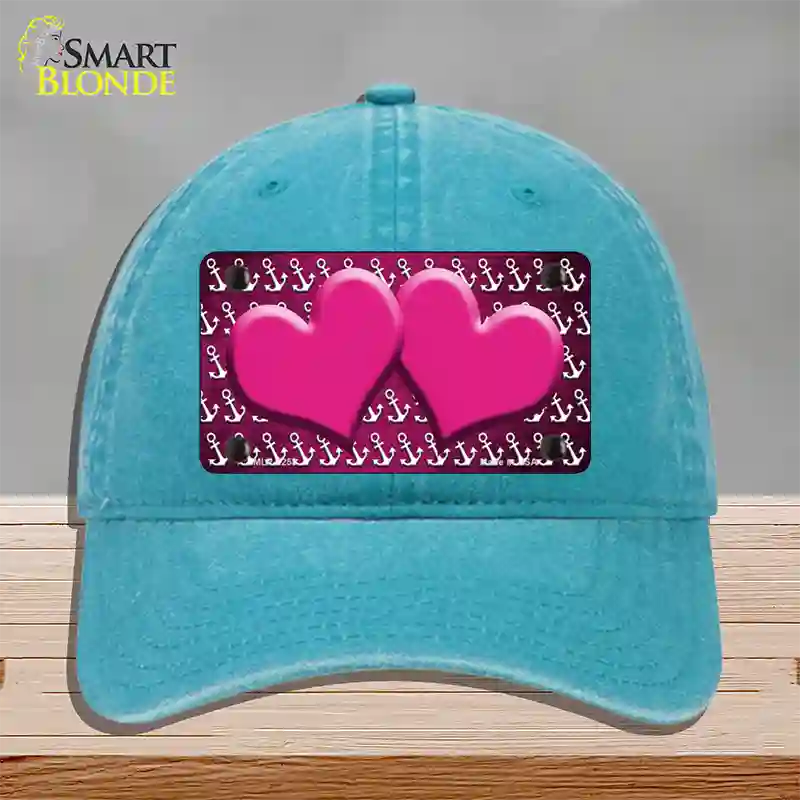 Pink White Anchor Hearts Oil Rubbed Novelty License Plate Hat Unconstructed Cotton / Lake Blue