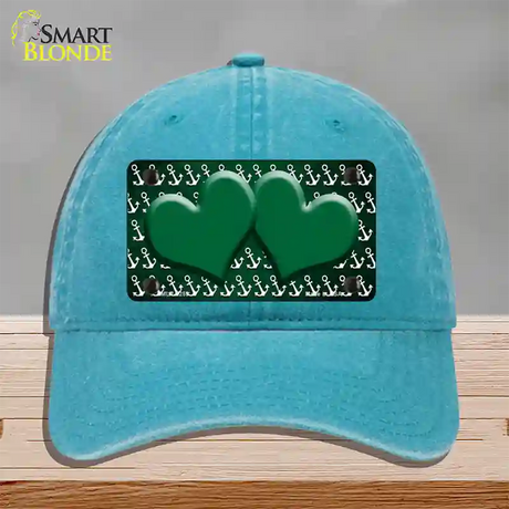 Green White Anchor Hearts Oil Rubbed Novelty License Plate Hat Unconstructed Cotton / Lake Blue